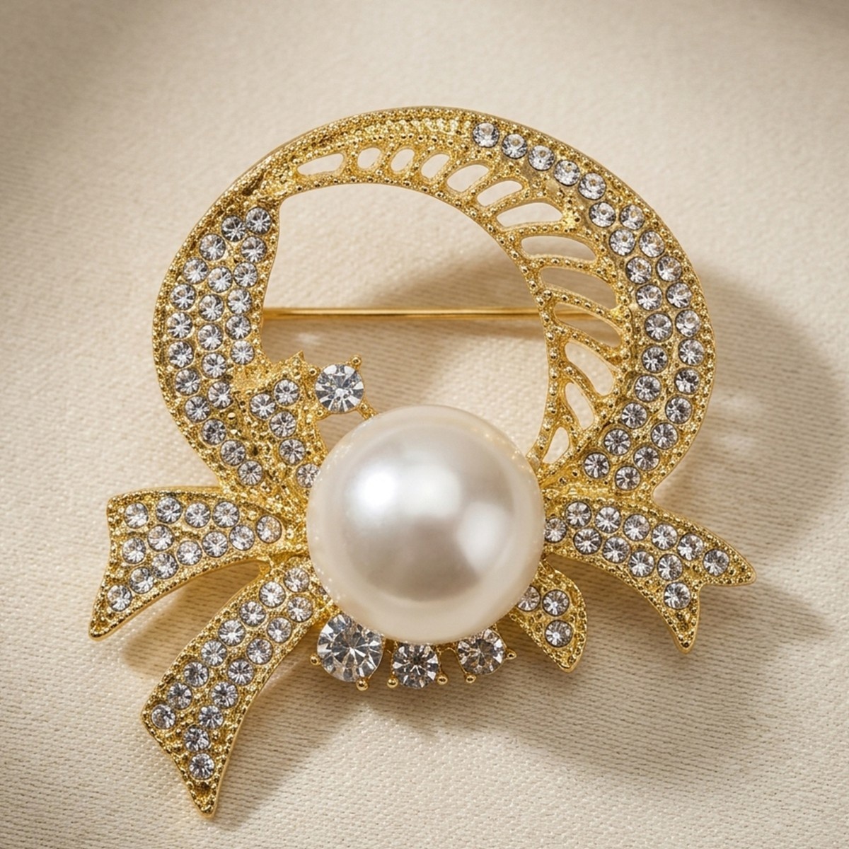 Golden-Tone Brooch with Crystal and Pearl