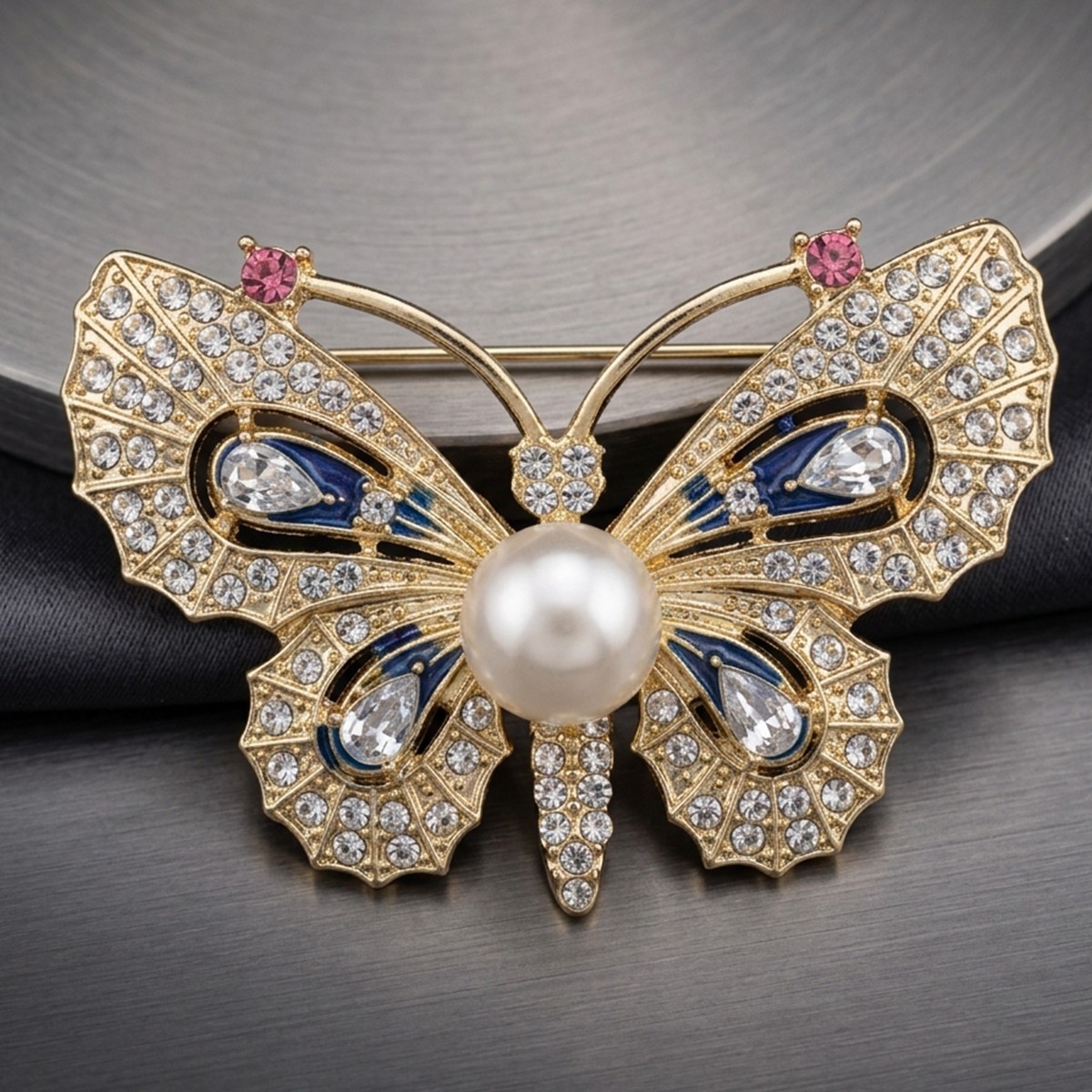 Butterfly Brooch with Crystals and Pearl