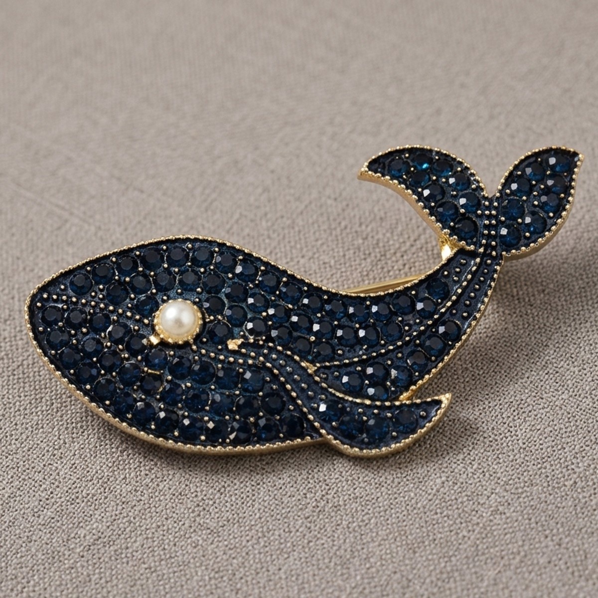 Whale Brooch with Pearl Detail and Blue Crystals