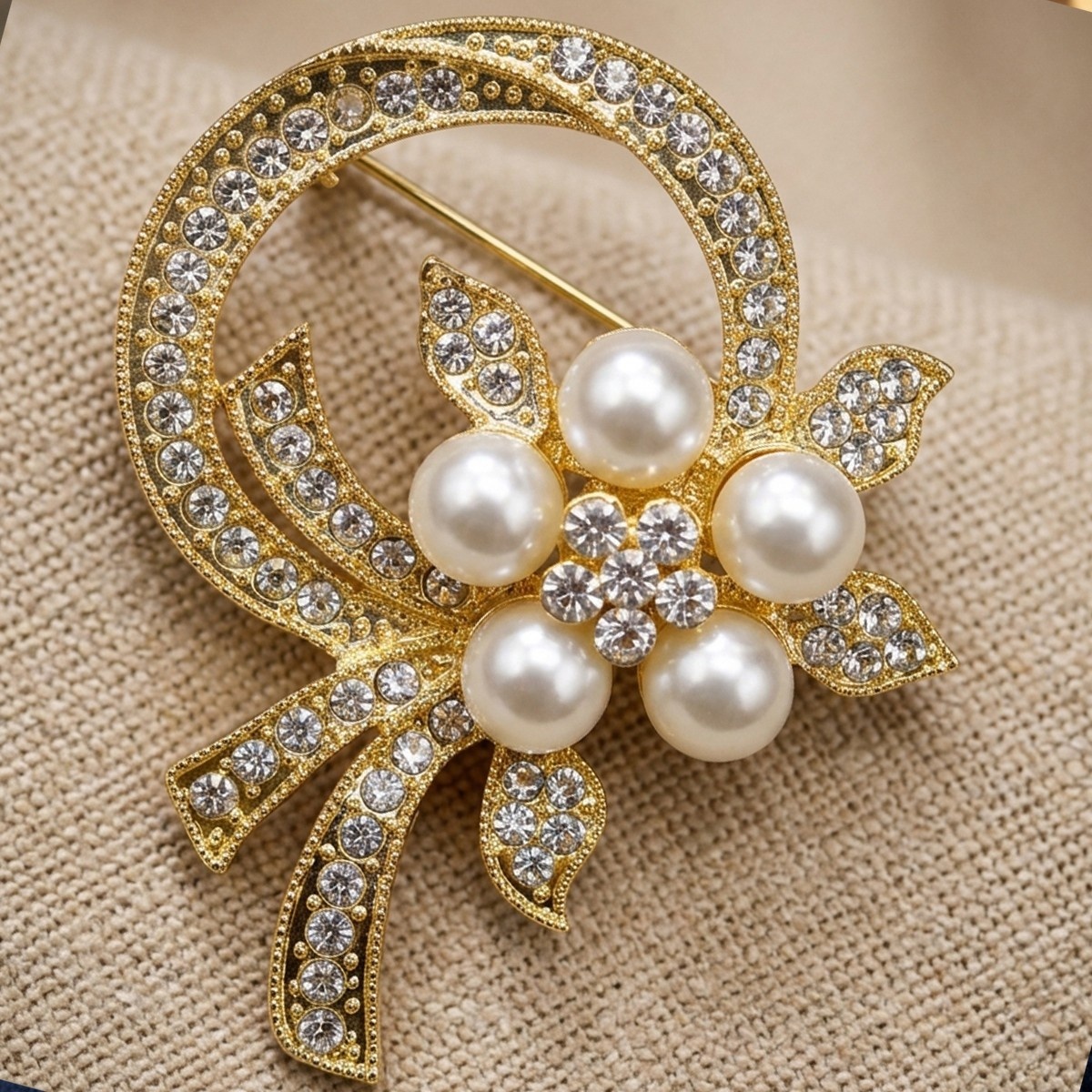 Golden Tone Pearl and Crystal Brooch