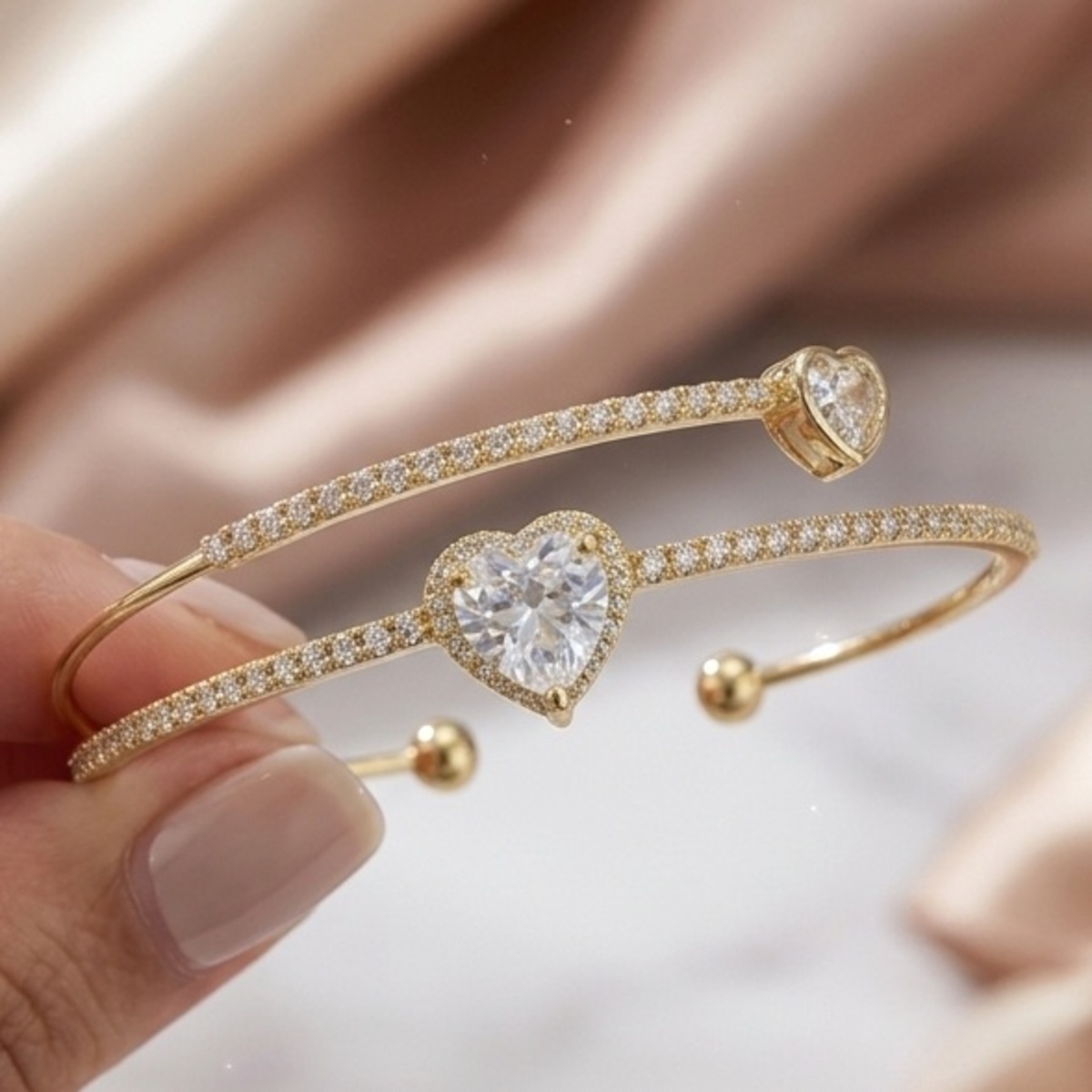 Heart-Shaped Crystal Bangles Golden