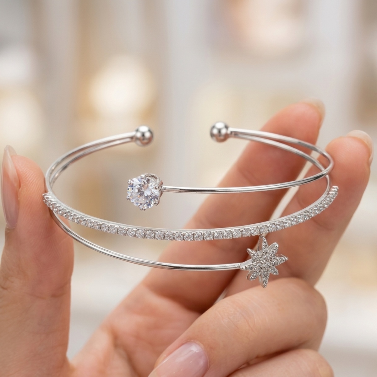 Silver Bangle With Star And Crystal Design