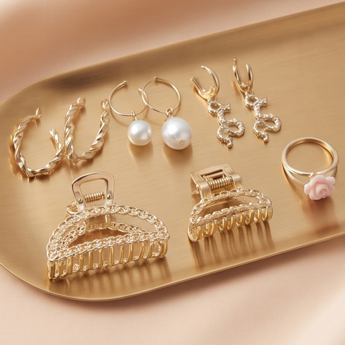 Golden Jewellery And Hair Claw Clip Accessory Set