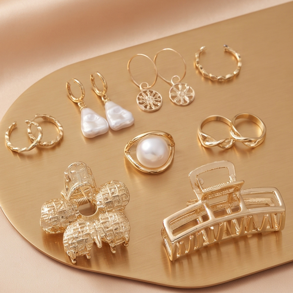 Golden Jewellery And Hair Claw Clip Accessory Set