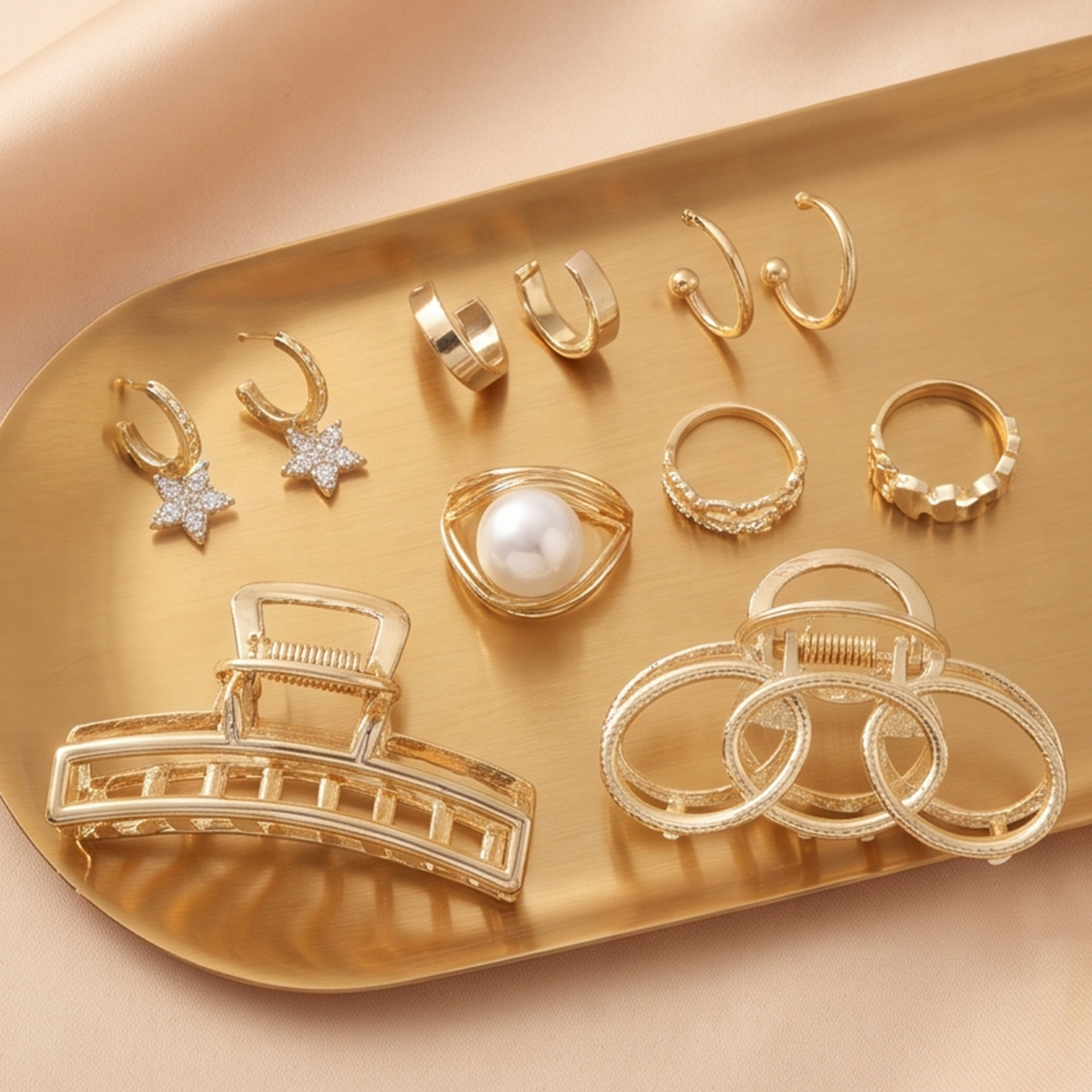 Golden Jewellery And Hair Claw Clip Accessory Set