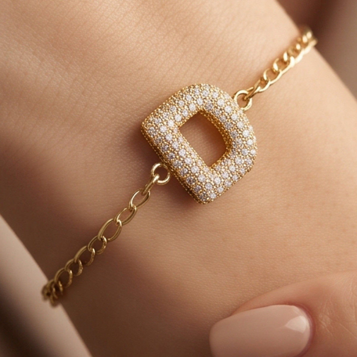 Golden Chain Bracelet with Pave Letter D Charm