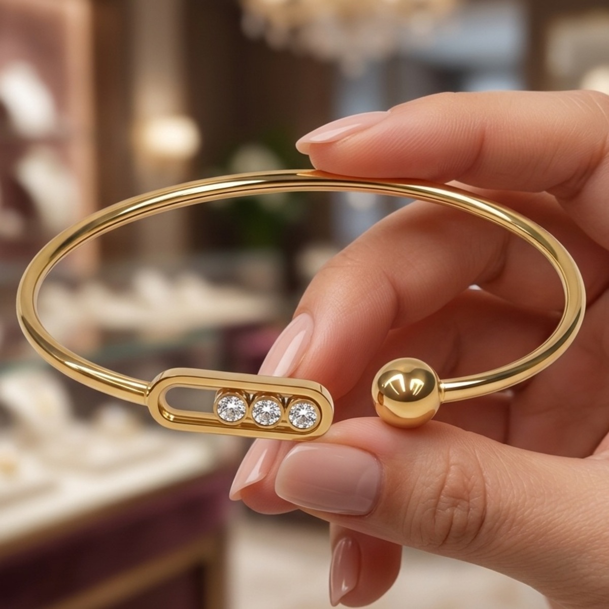 Golden Bangle With Three Diamonds