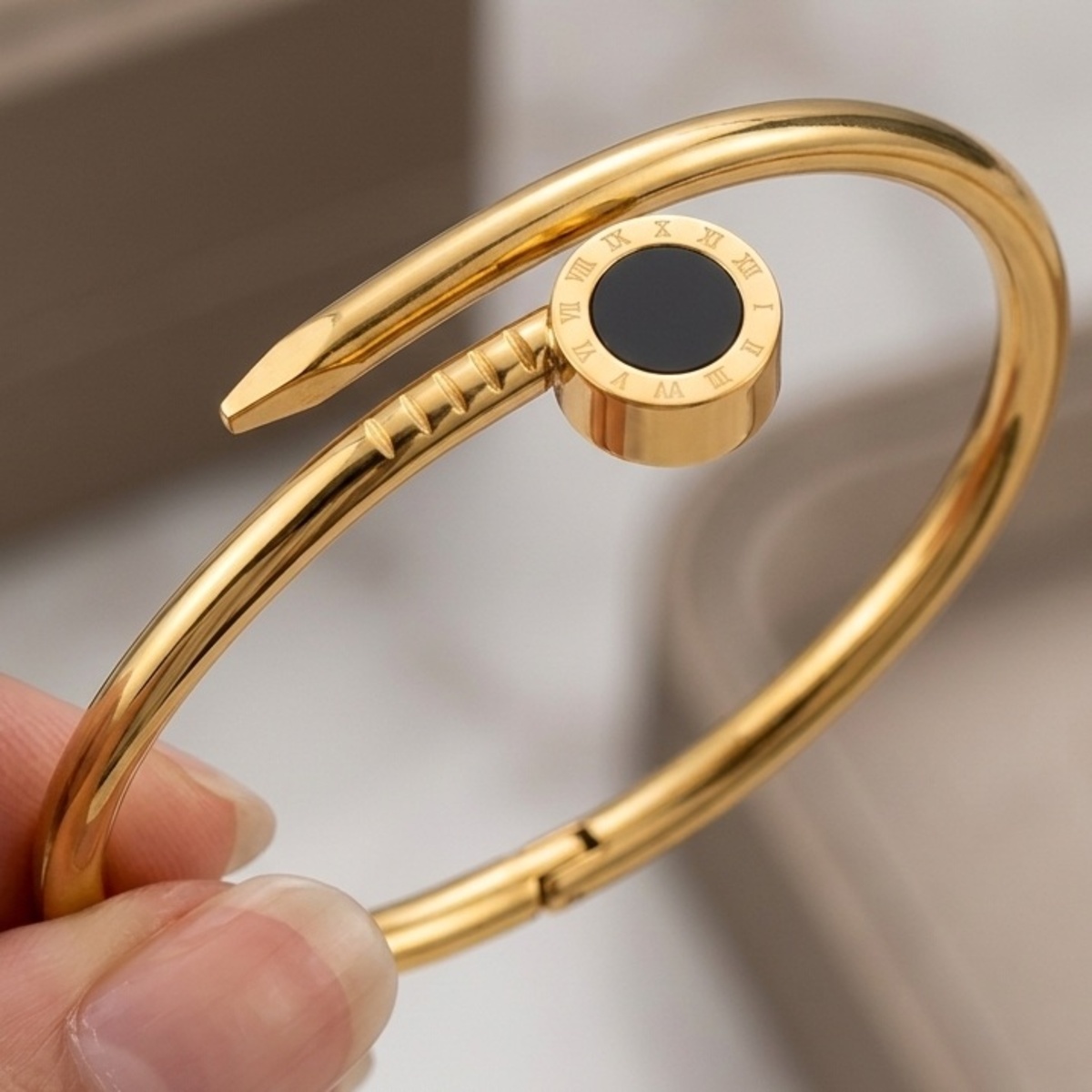 Golden Nail Bangle With Roman Numerals