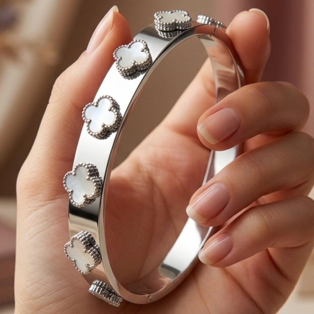 Silver Bangle With Mother Of Pearl Clover Accents