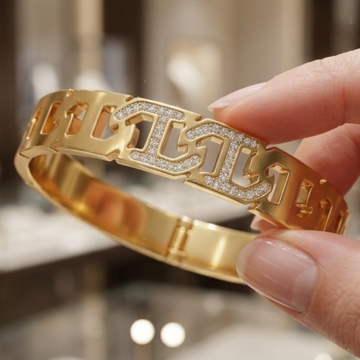 Golden Plated Bangle With Diamond Accents