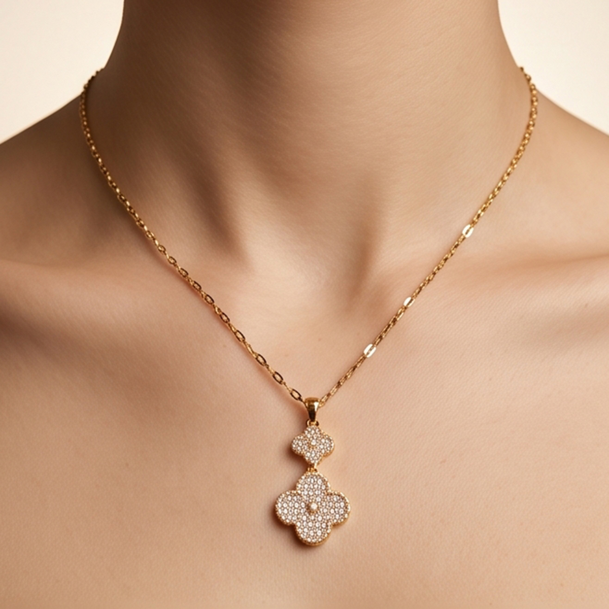Golden Chain Necklace with Double Flower Pendant