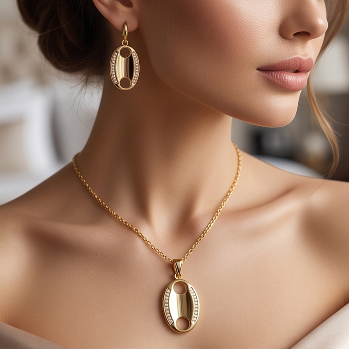 Golden Oval Necklace and Earring Set