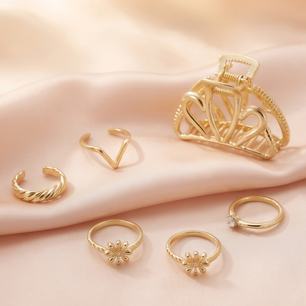 Golden Hair Clip, Finger Ring and Earrings Set