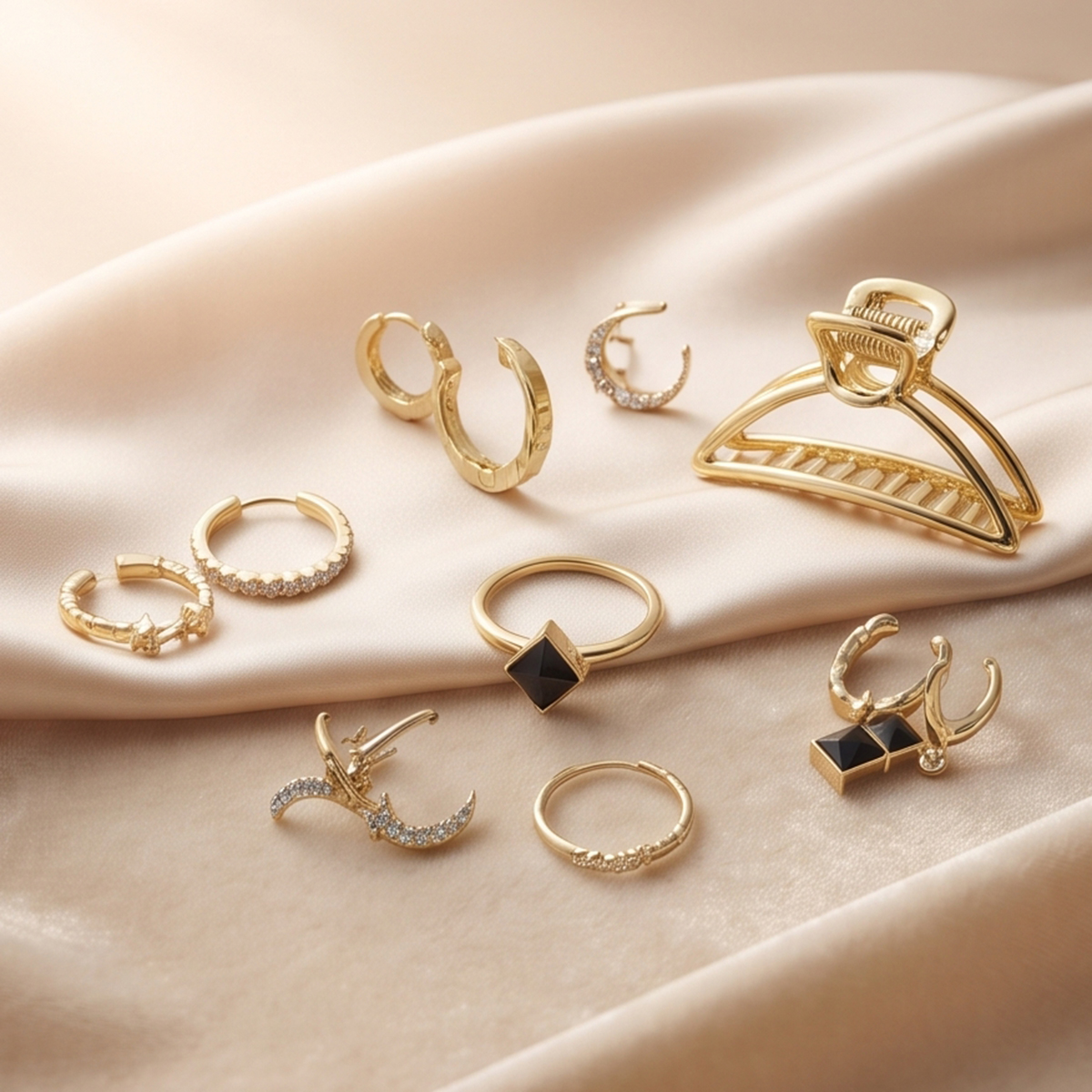 Golden Hair Clip, Finger Ring and Earrings Set