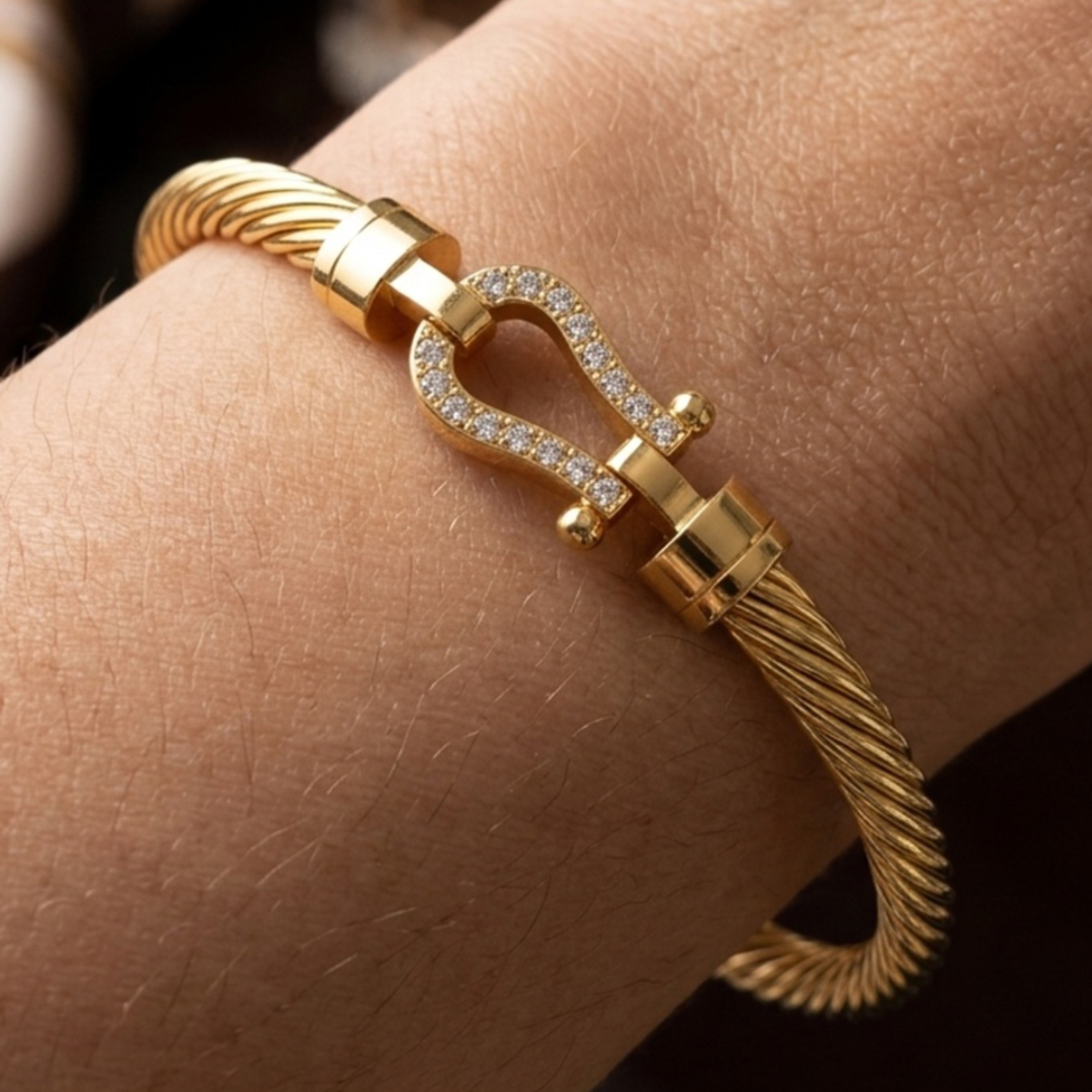 Golden Tone Cable Bangle With Crystal Accents