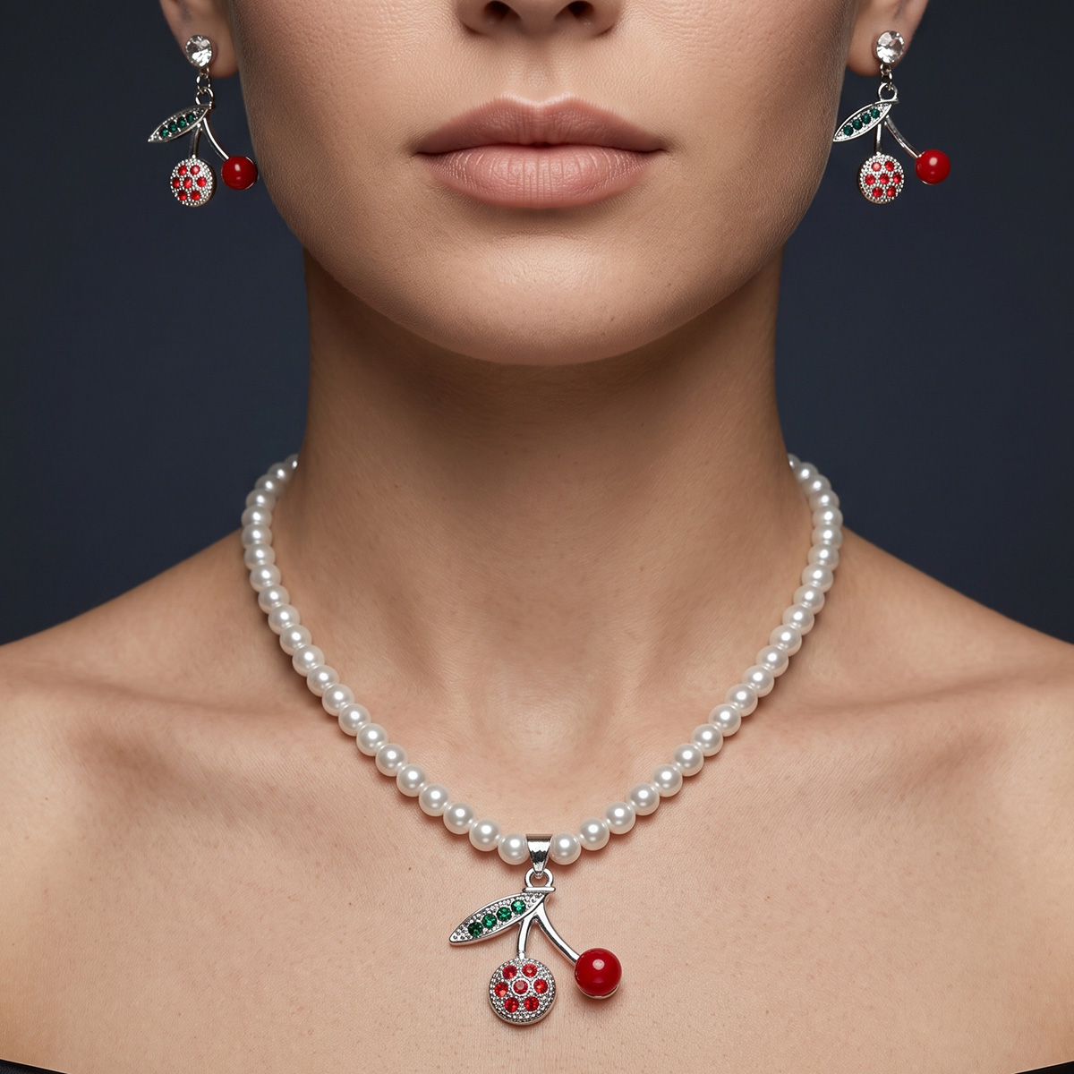 Pearl Necklace Set with Cherry Design