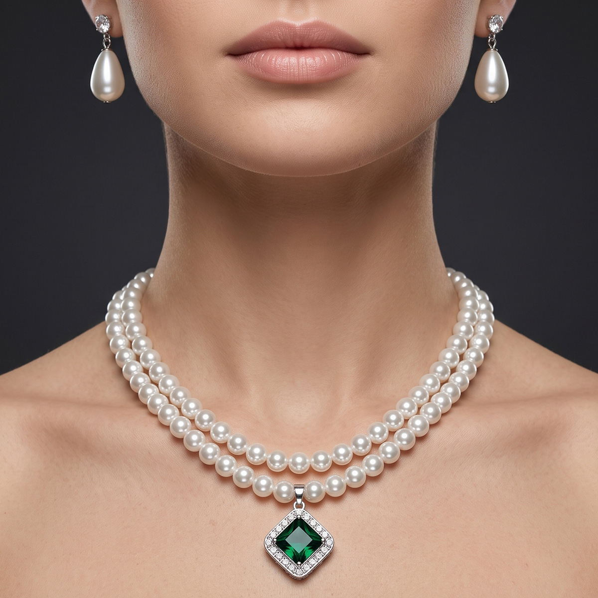 Pearl Necklace Set with Green Gem Pendant