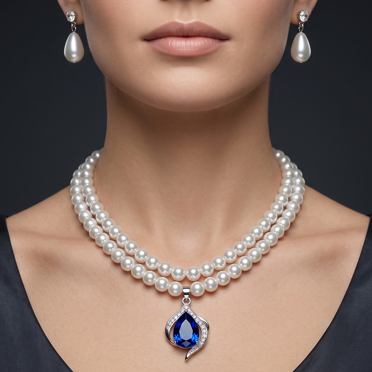 Pearl Necklace Set with Blue Gemstone Pendant