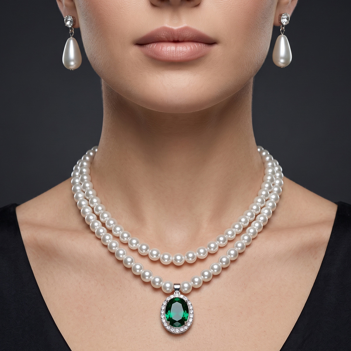 Pearl Necklace Set with Green Gem Pendant