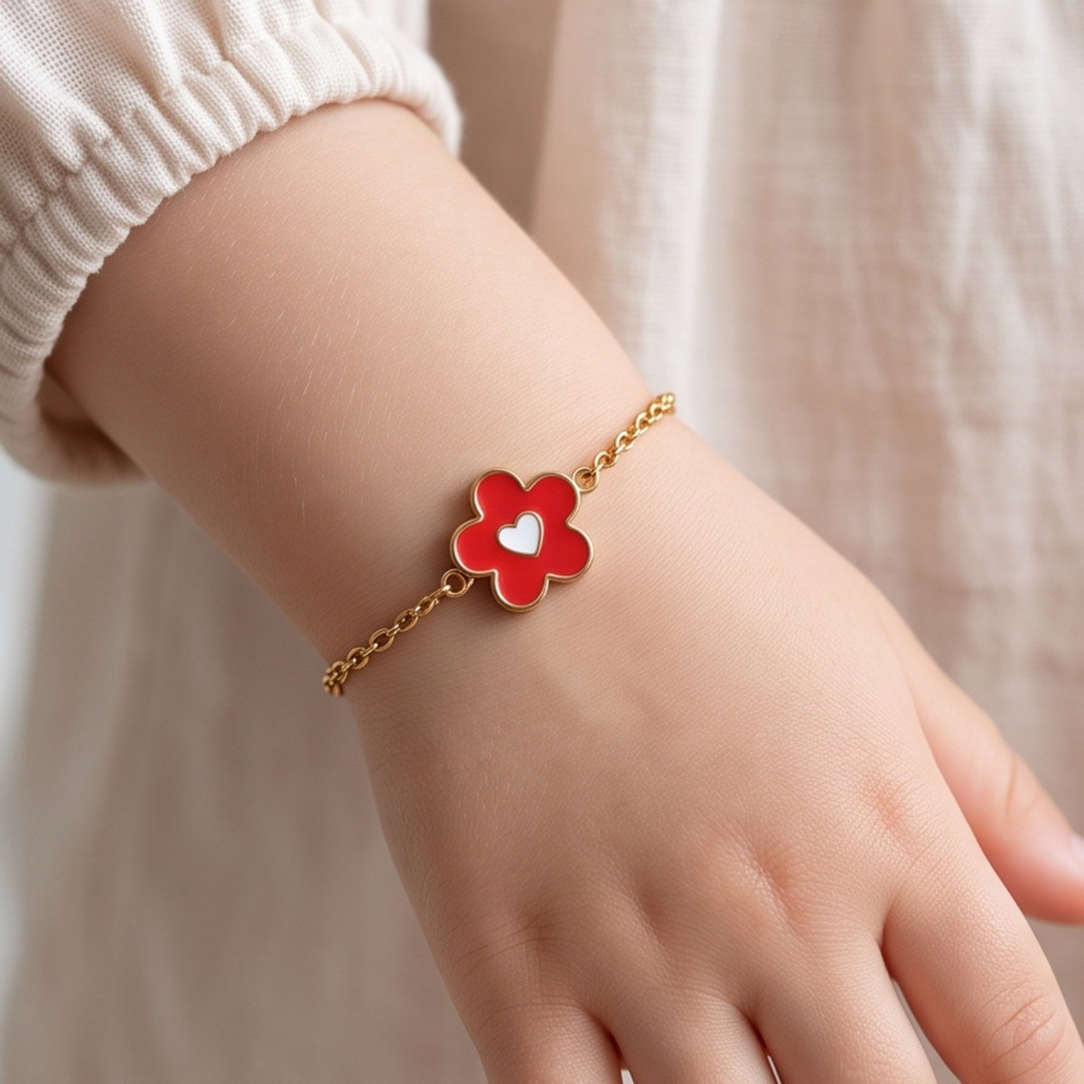 Kids Bracelet With Heart Charm And Red Flower