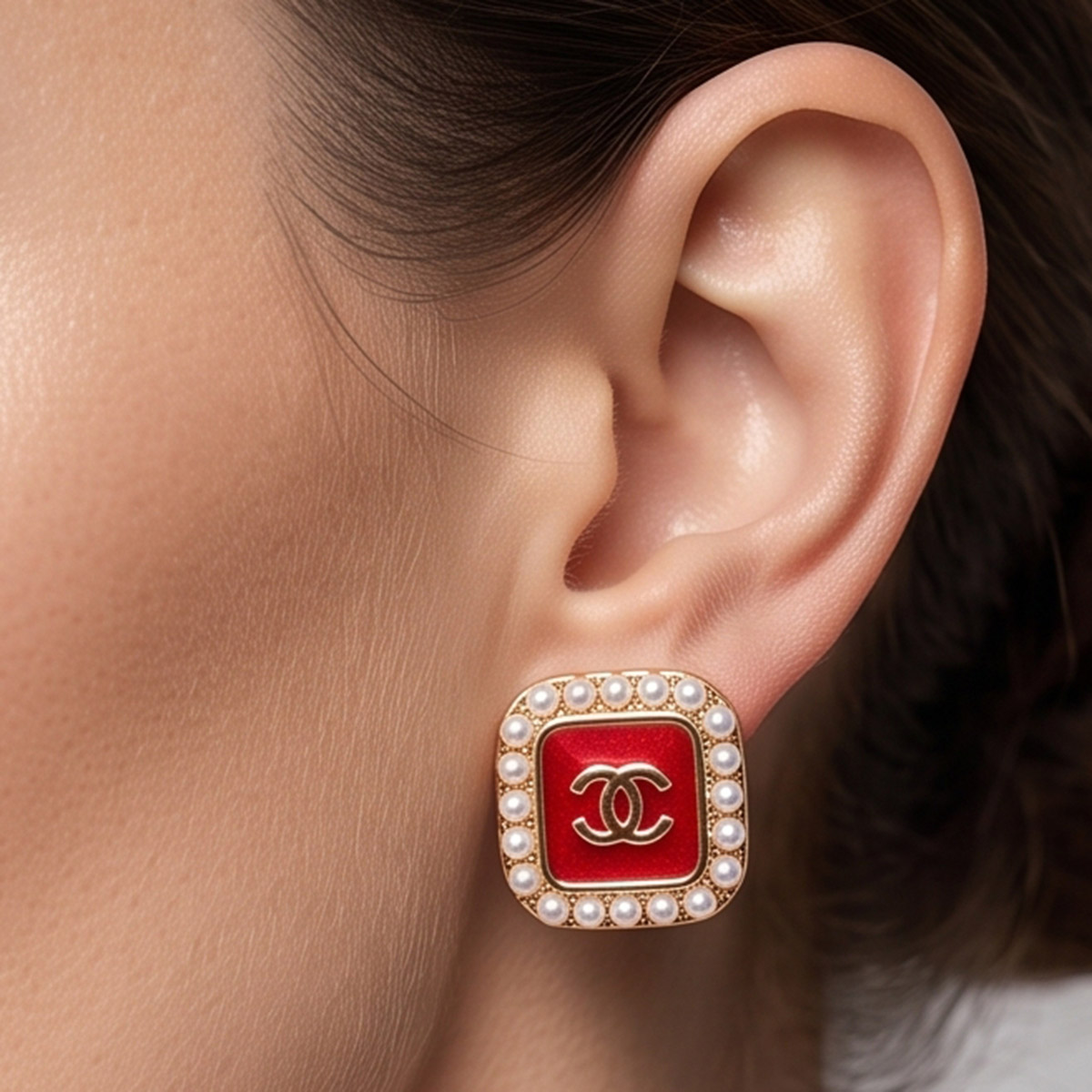 Chanel Earrings Red Pearl-Embellished