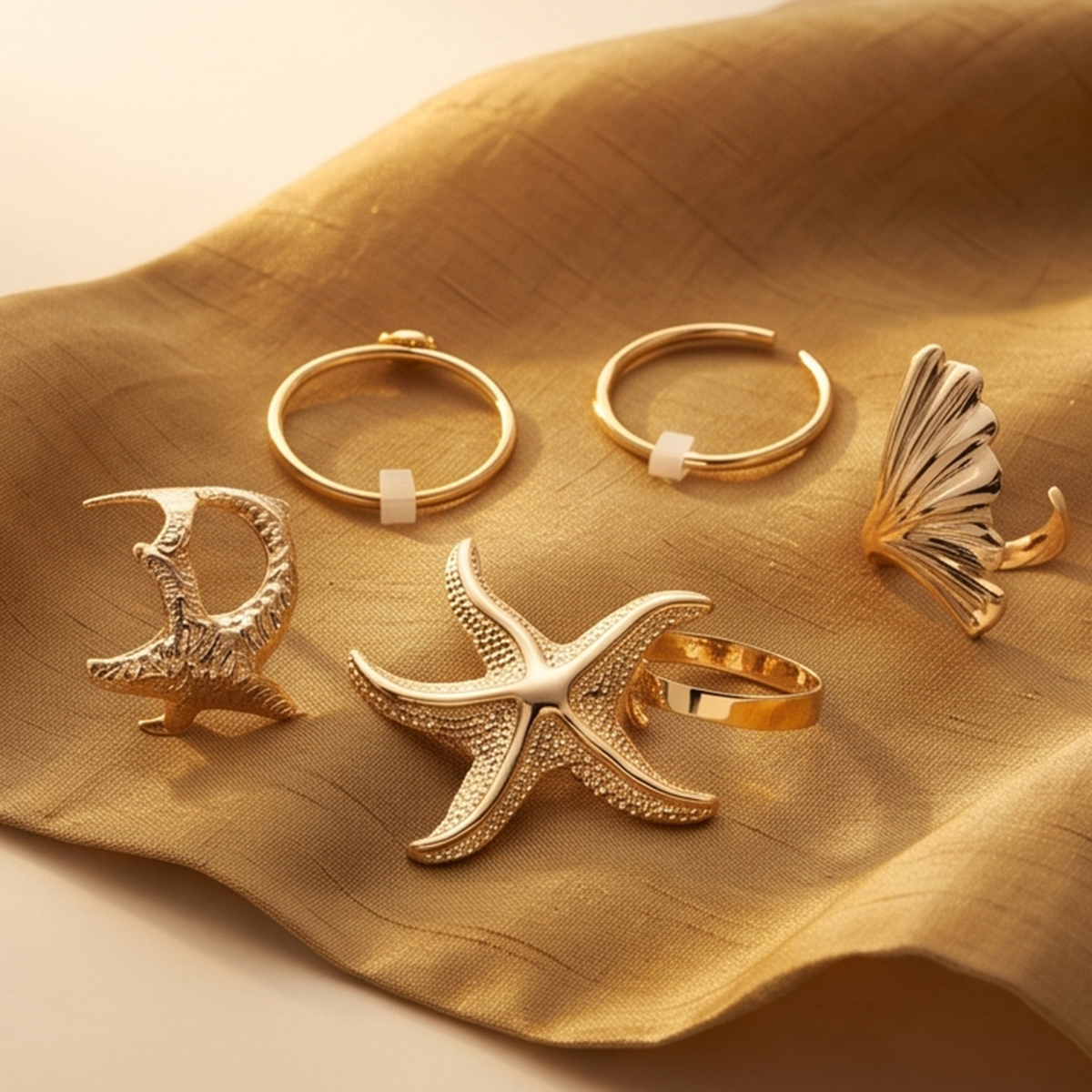 Women's Golden Starfish & Ocean Ring Stack Set