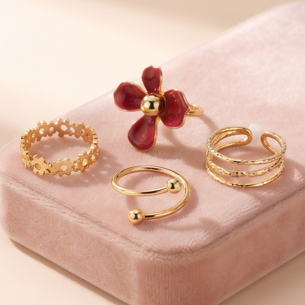 Statement Gold Cocktail Ring with Large Enameled Red Flower