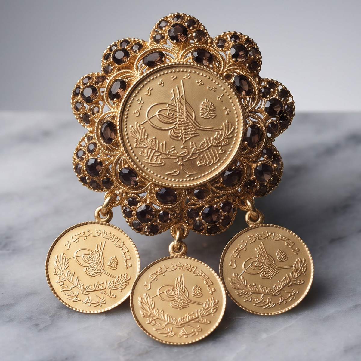 Ornate Golden Brooch with Arabic Script