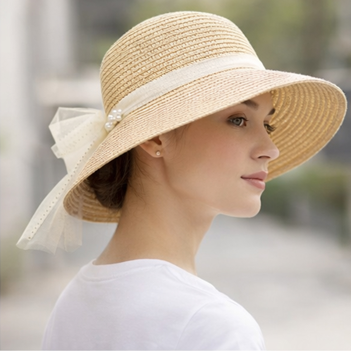 Straw Sun Hat with Bow and Pearl Detail