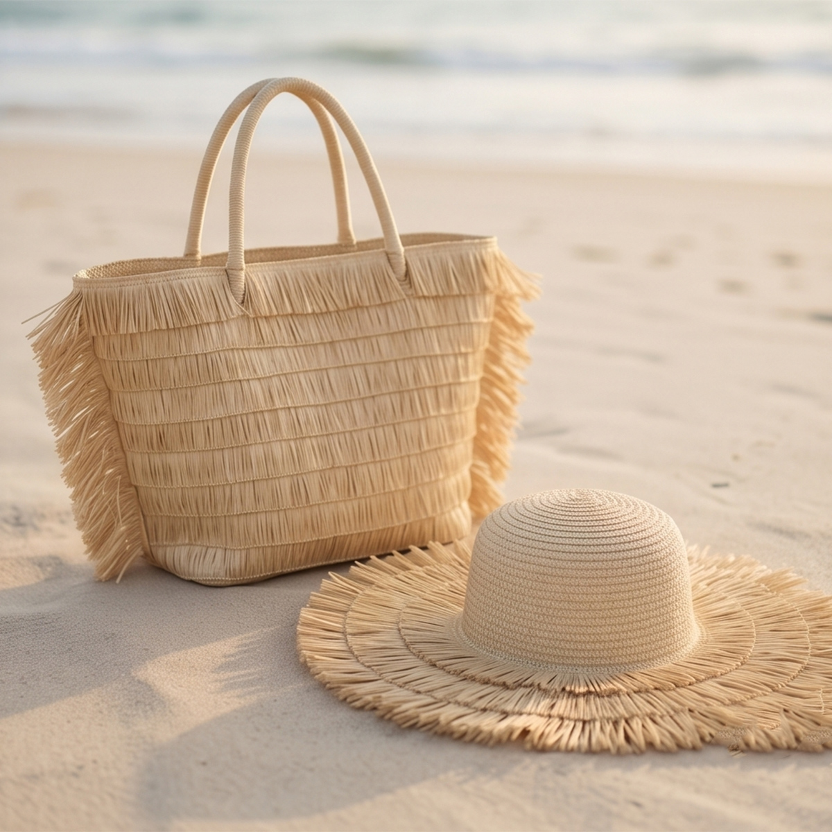 Straw Beach Tote Bag with Fringe