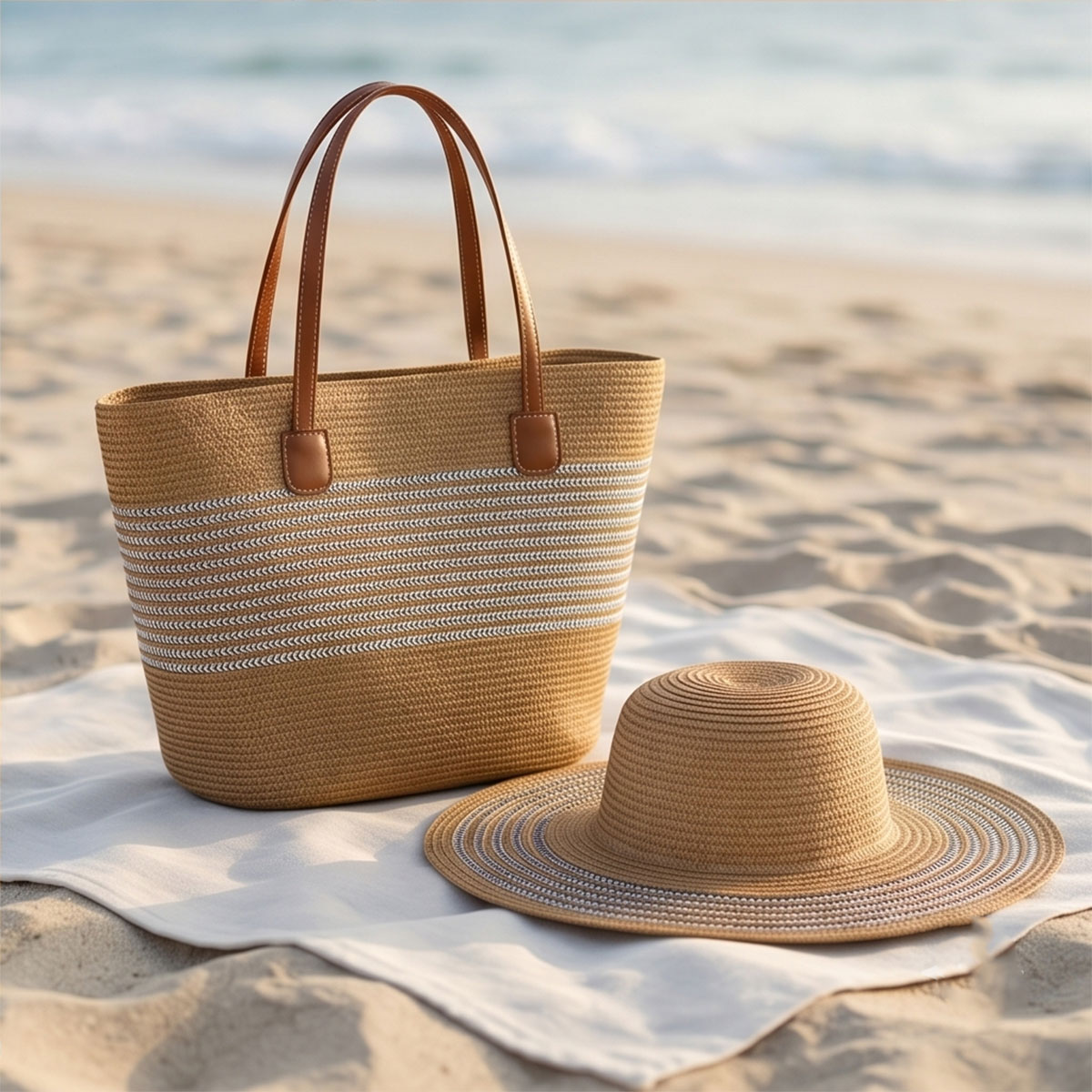 Straw Beach Tote Bag with Leather Handles