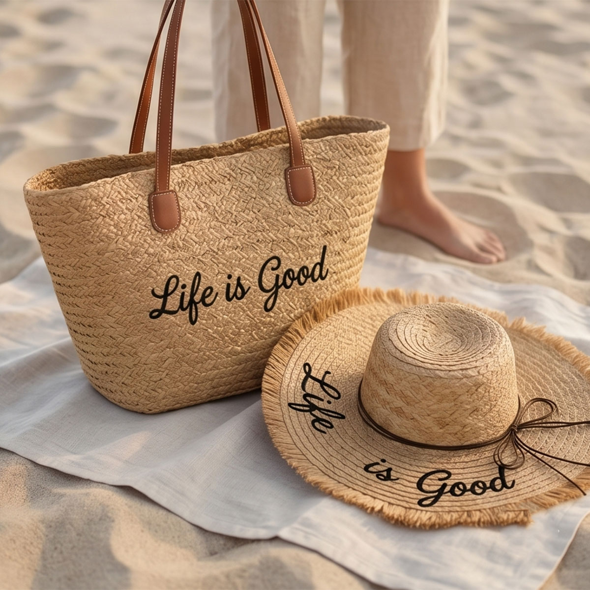Straw Tote Bag and Sun Hat Set "Life is Good"