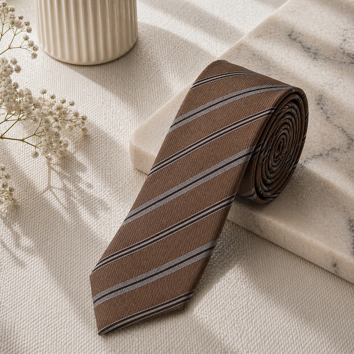 Men Slim Fit Tie 7cm Beige Printed
