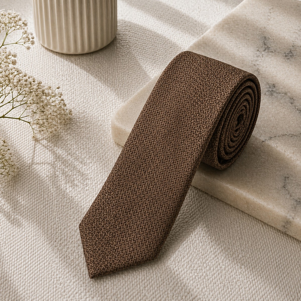 Men Slim Fit Tie 7cm Beige Printed