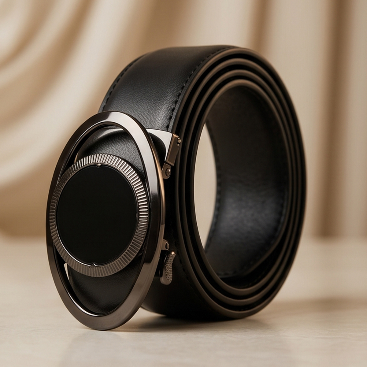Mens Smooth Black Leather Belt With Automatic Round Buckle