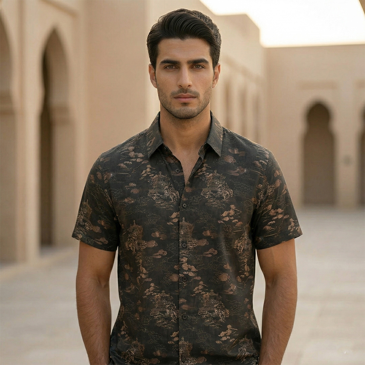 Mens Casual Shirt Printed Short Sleeve