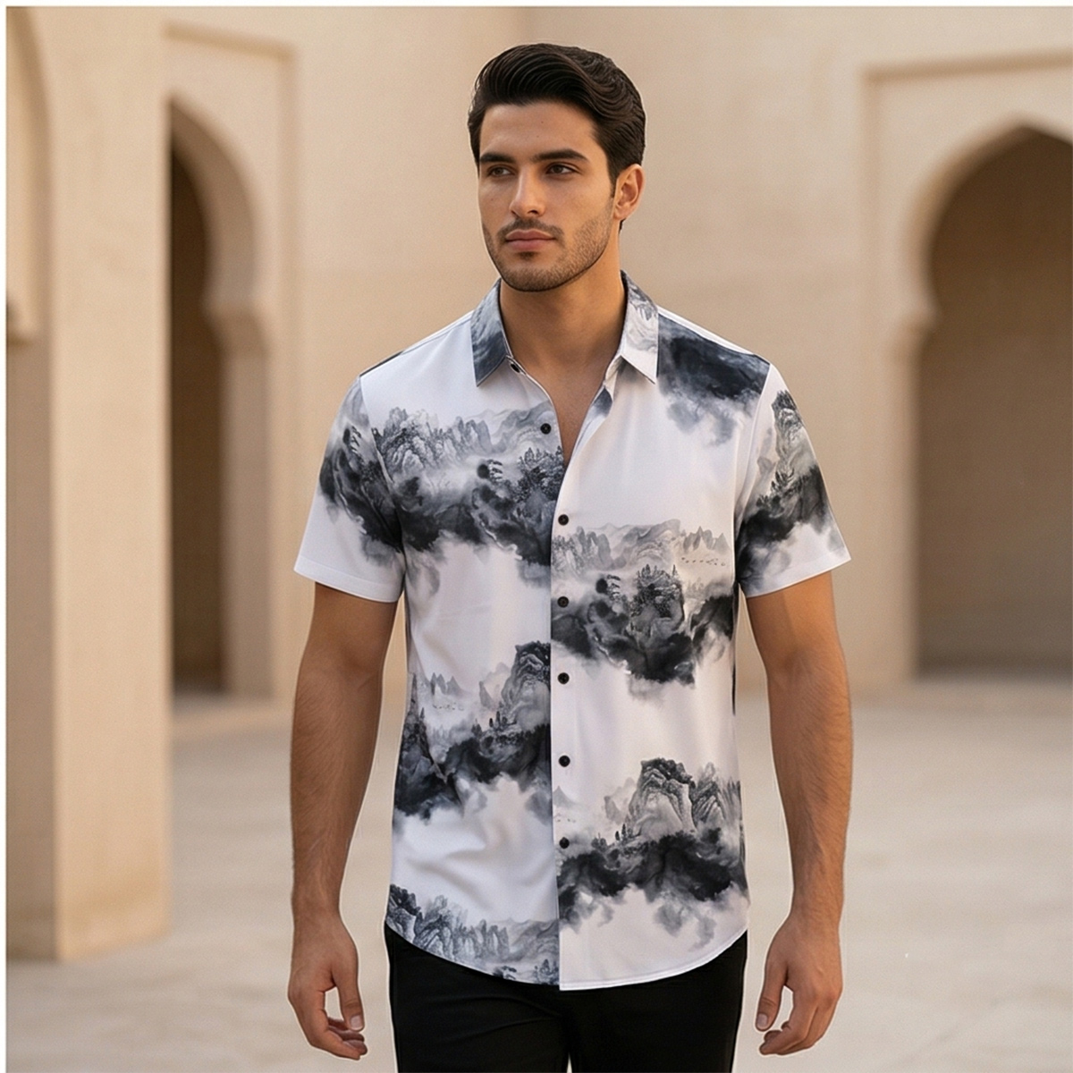 Mens Casual Shirt Printed Short Sleeve