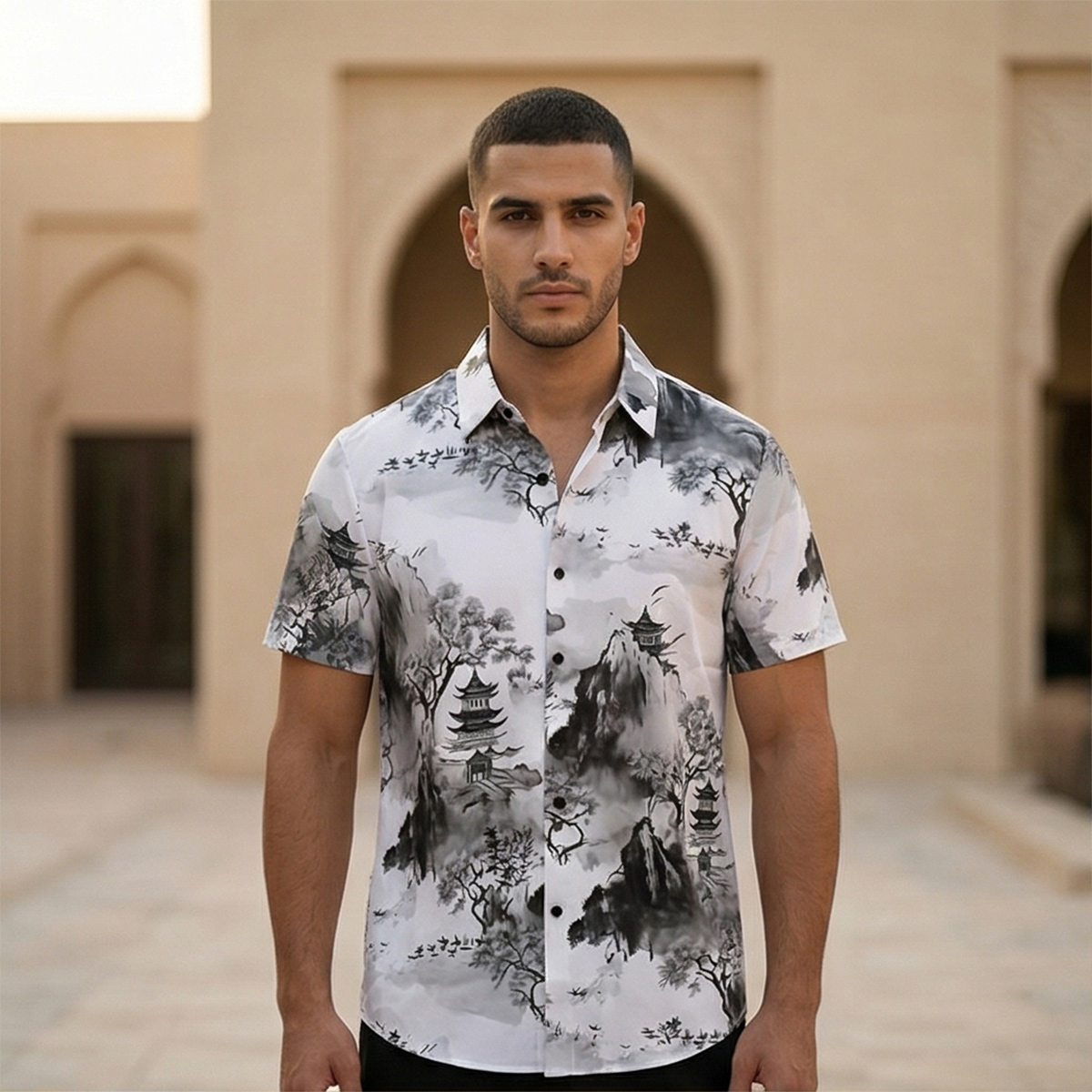 Mens Casual Shirt Printed Short Sleeve