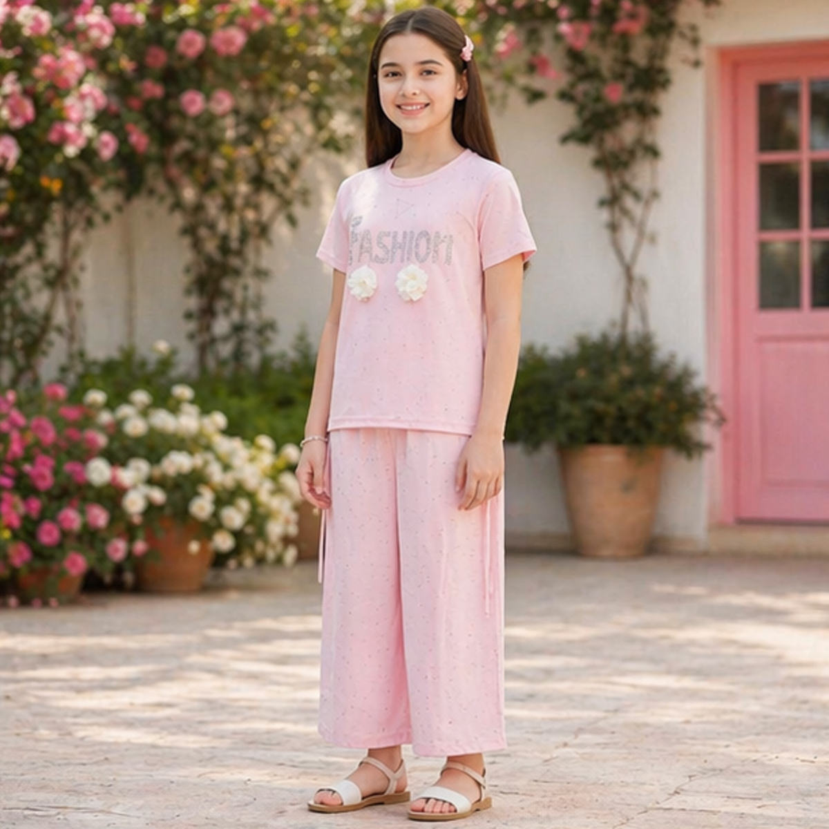 طقم بناتي مكون من قطعتين: بنطال ضيق وقميص بأكمام قصيرة | فتيات | ملابس الفتيات | Girls Top Wear | Girls T-Shirts طقم بناتي مكون من قطعتين: بنطال ضيق وقميص بأكمام قصيرة | فتيات | ملابس الفتيات | Girls Top Wear | Girls T-Shirts
