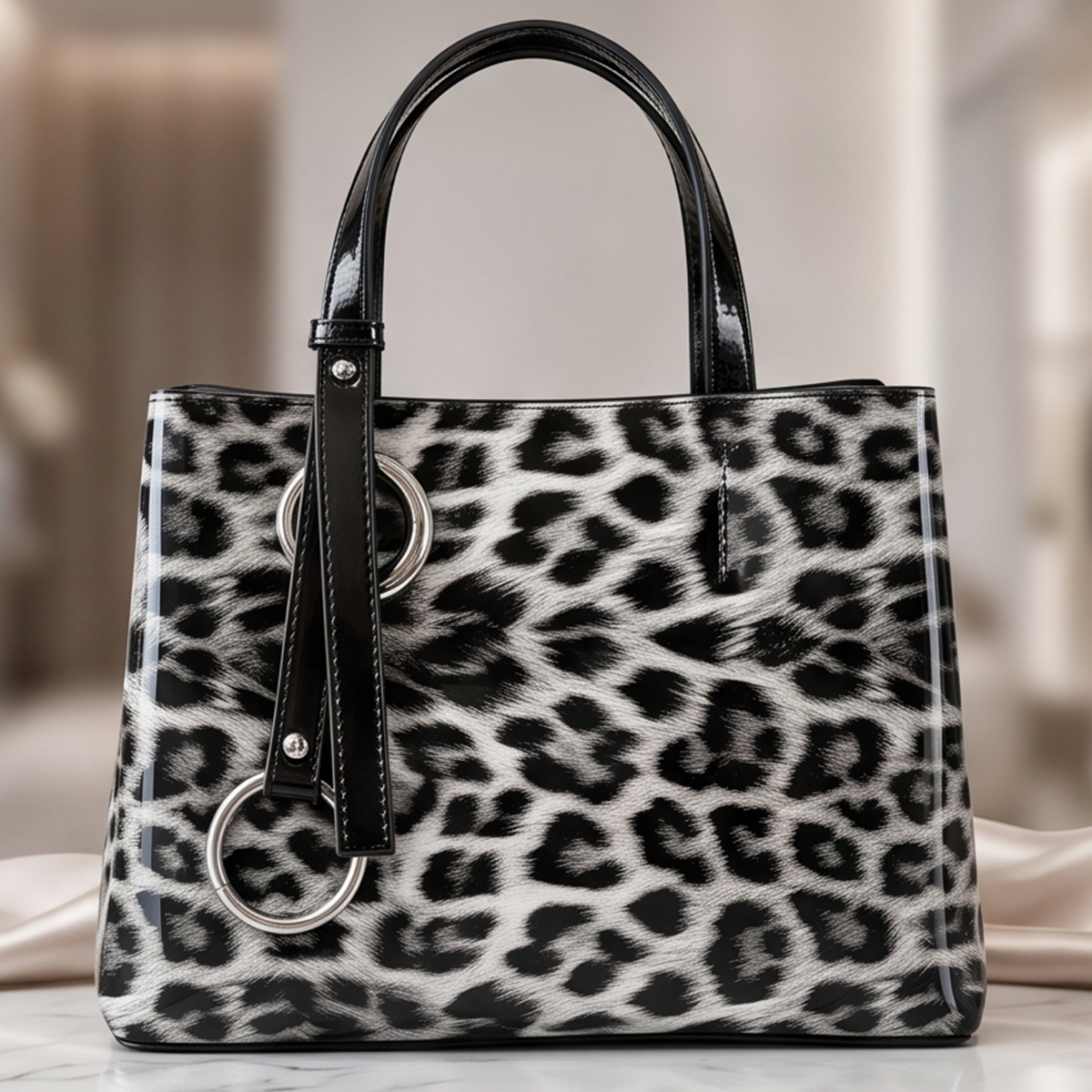 Black & White Leopard Print Glossy Ladies Hand Bag
