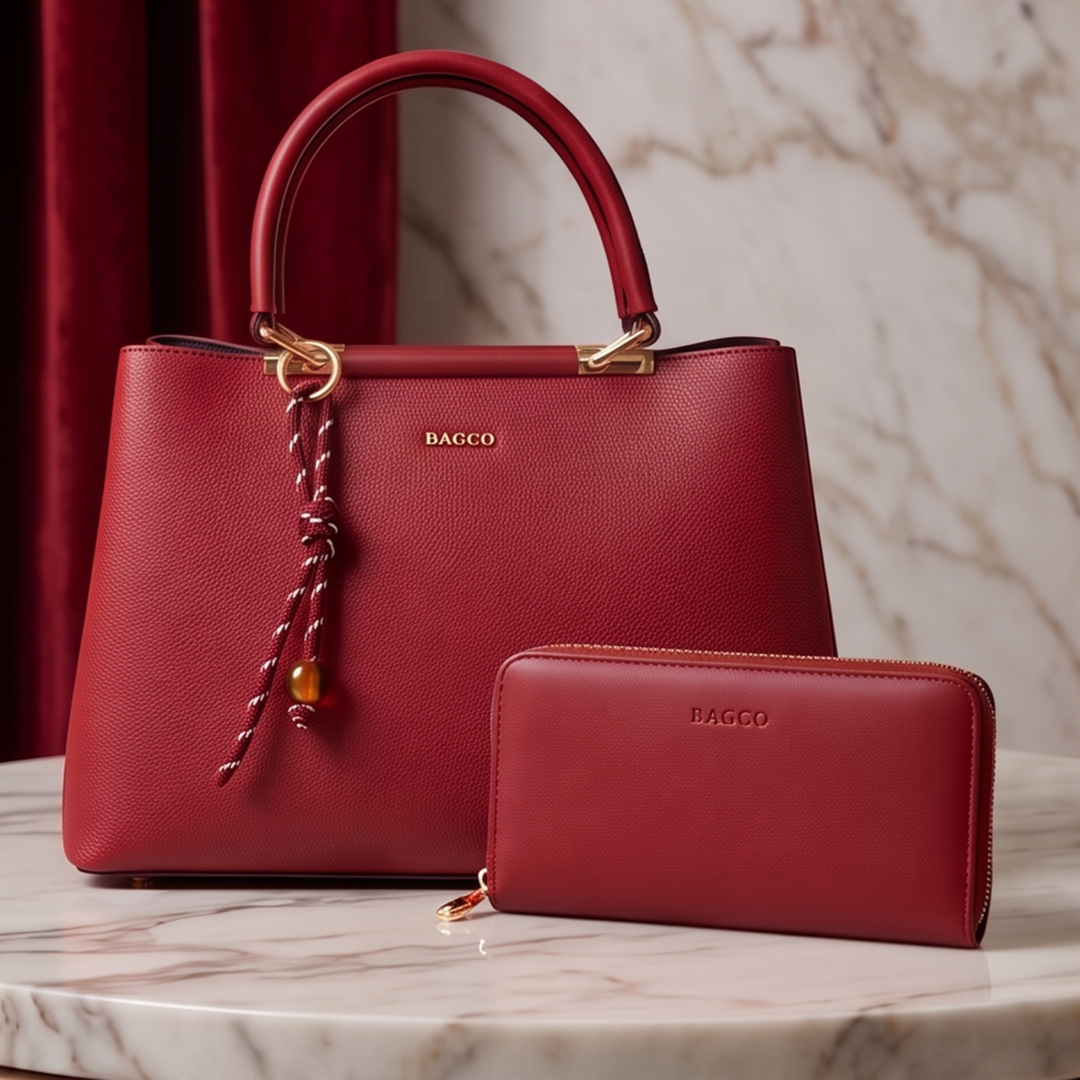 Bagco Ladies Plain Hand Bag With Wallet 2 Pieces Set Red