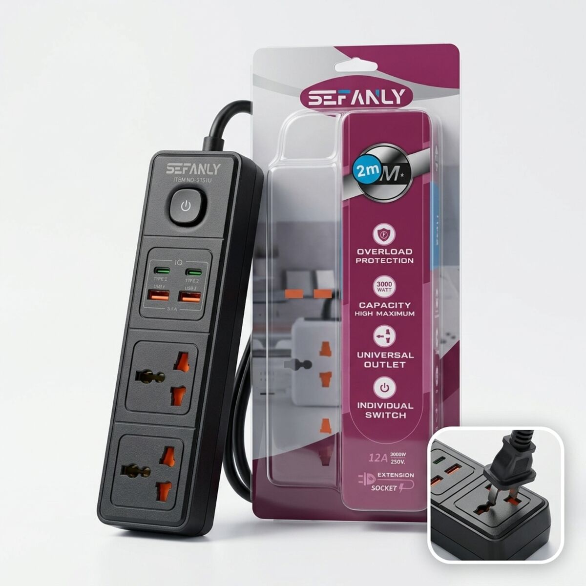 Sefenly Power Sockets Extension With USB Ports 2m