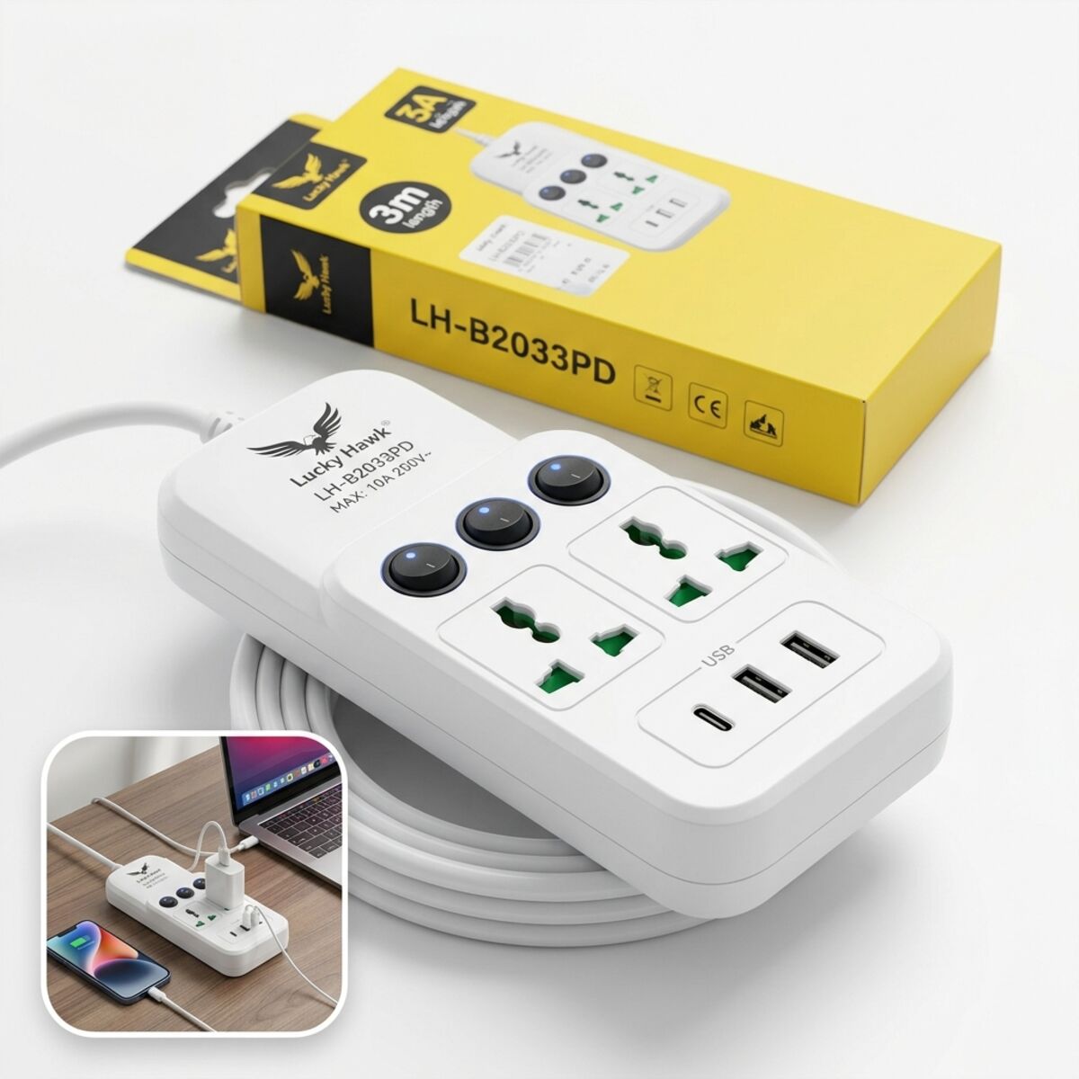 Lucky Hawk Power Sockets Extension With USB Ports 3m