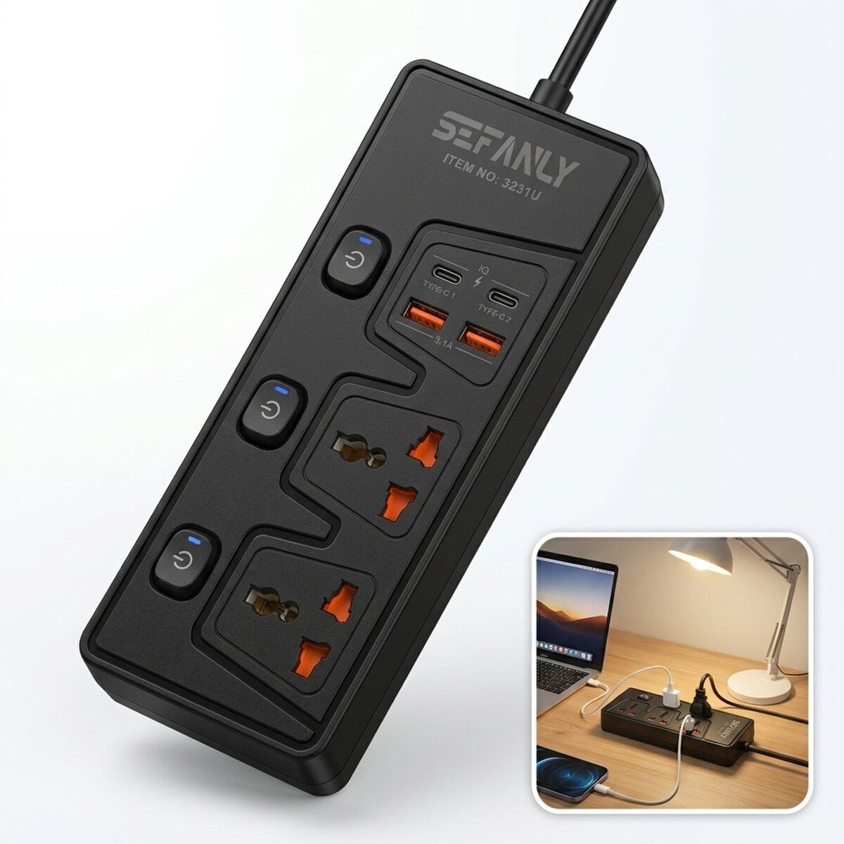 Sefanly Power Sockets Extension With USB Ports 2m