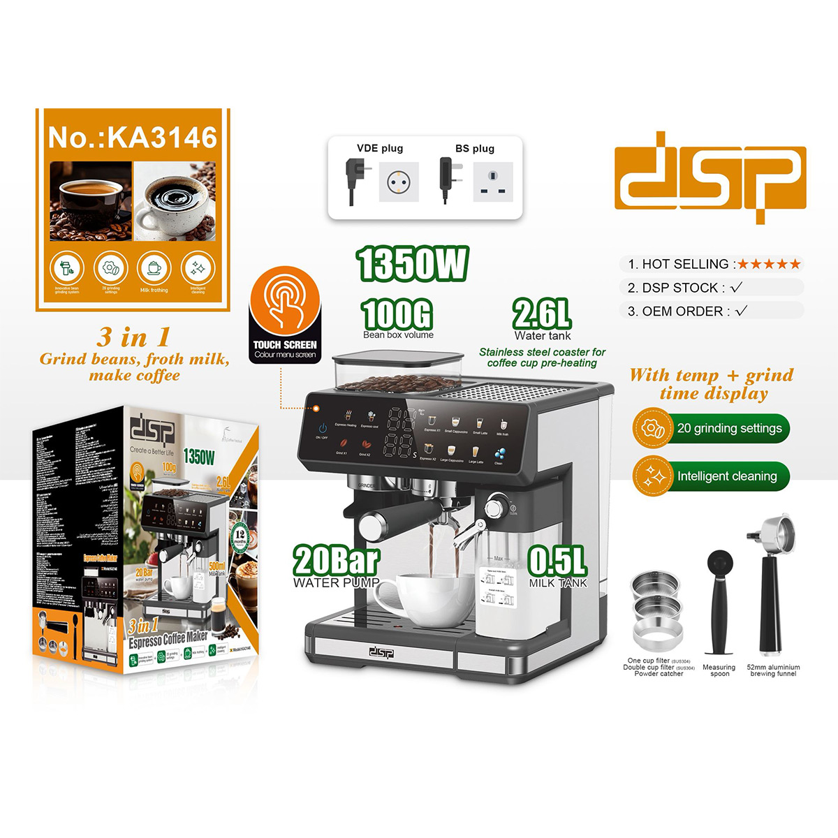 DSP 3 In 1 Coffee Machine 1350 Watt KA3146
