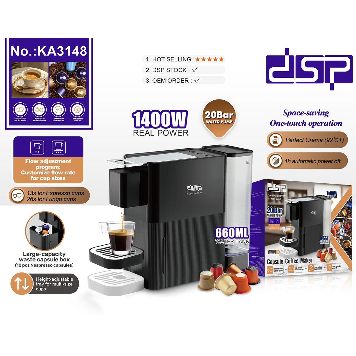 DSP Capsule Coffee Machine 1400 Watt KA3148
