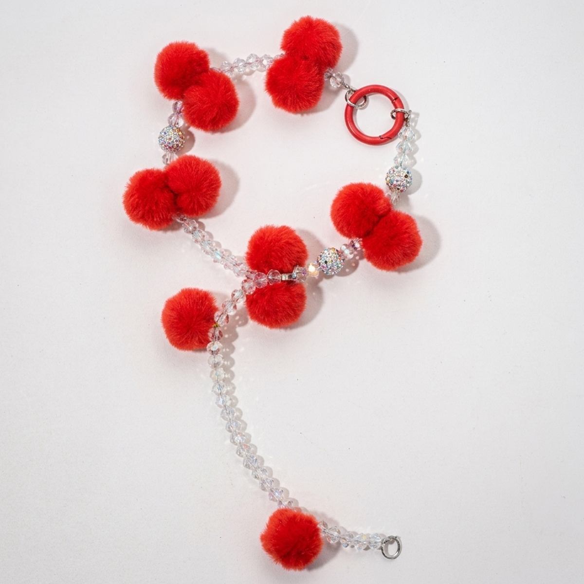 Mobile Chain With Clear Beads And Red Pom-Poms