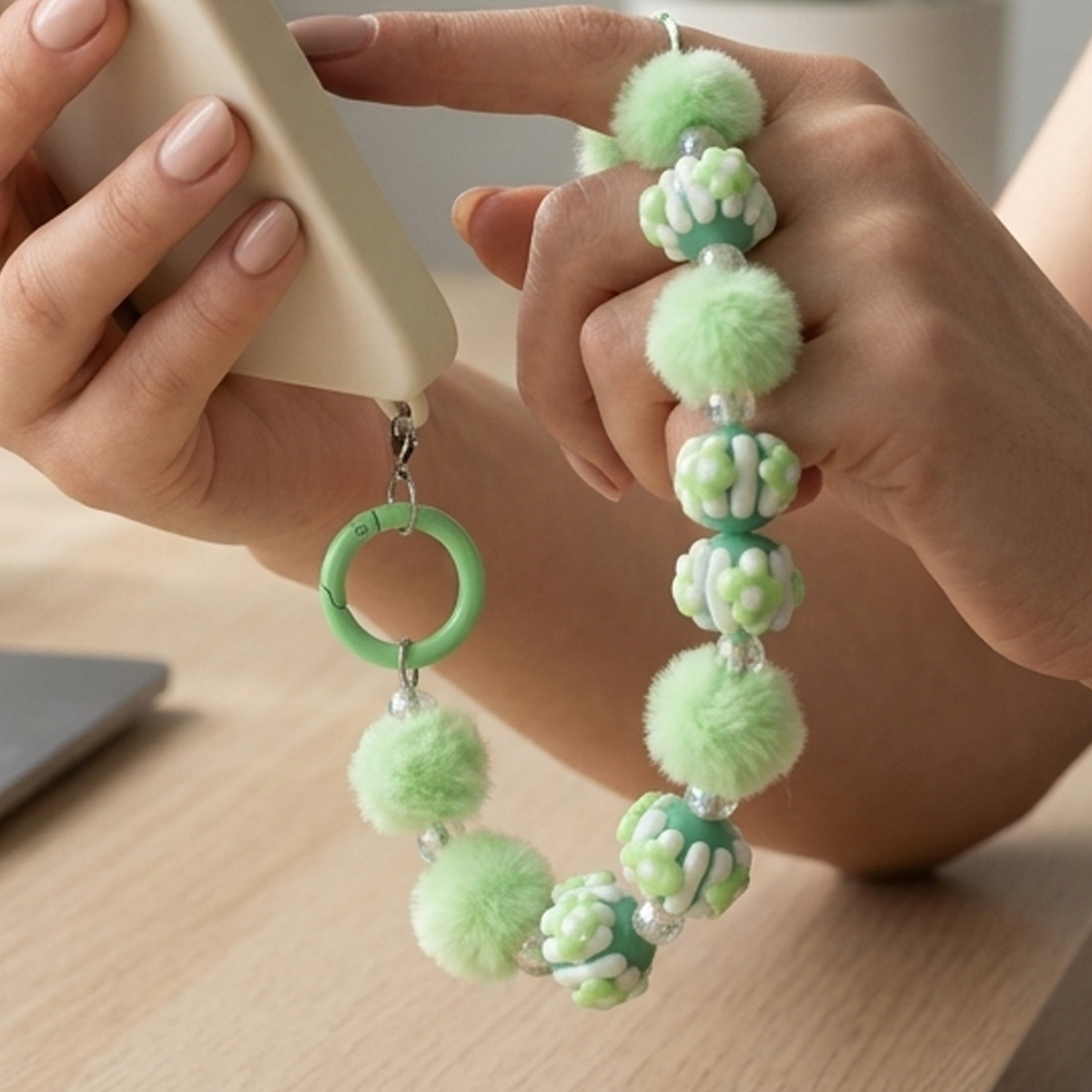 Green Pom-Pom And Bead Mobile Chain