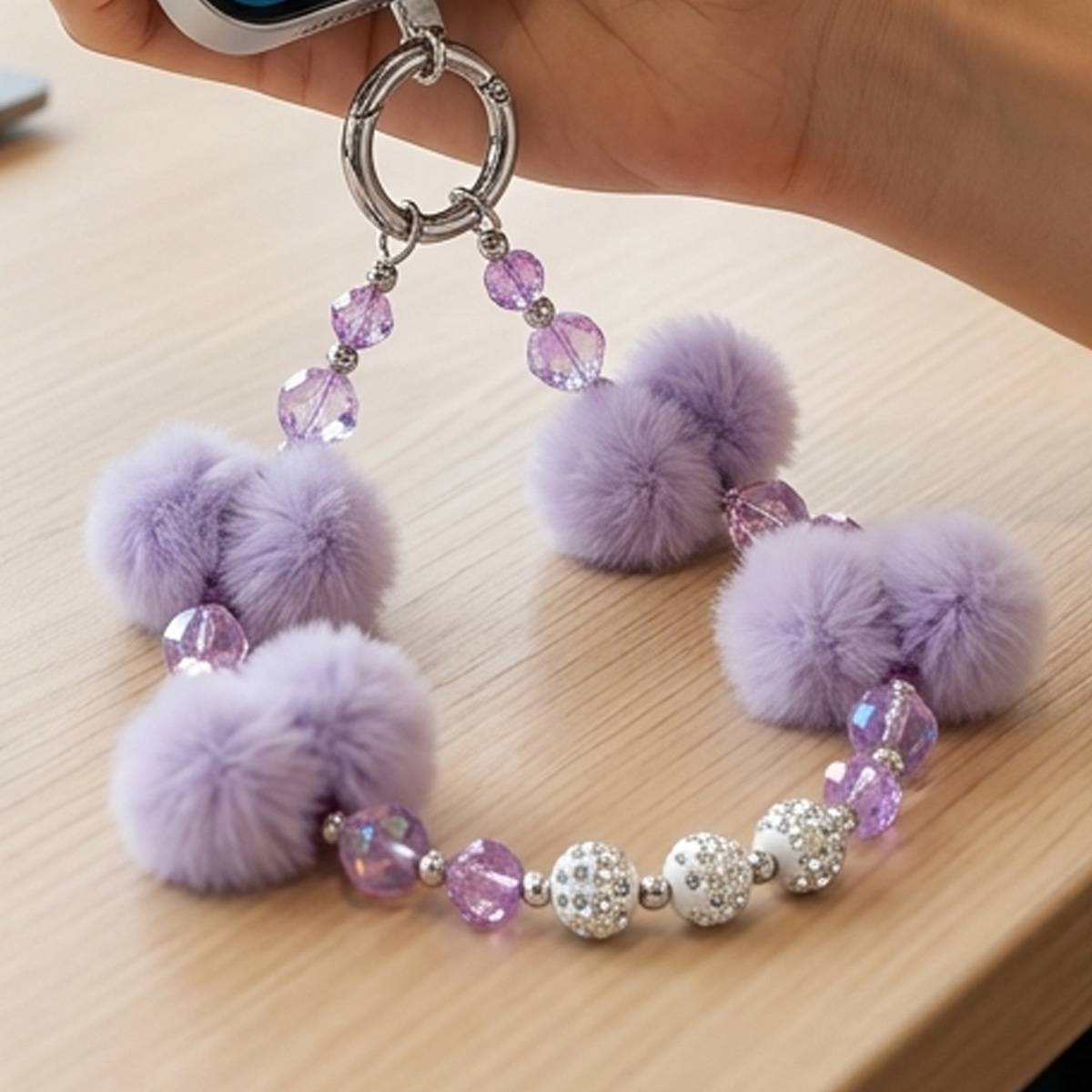 Mobile Chain with Pom-Poms and Beads Purple