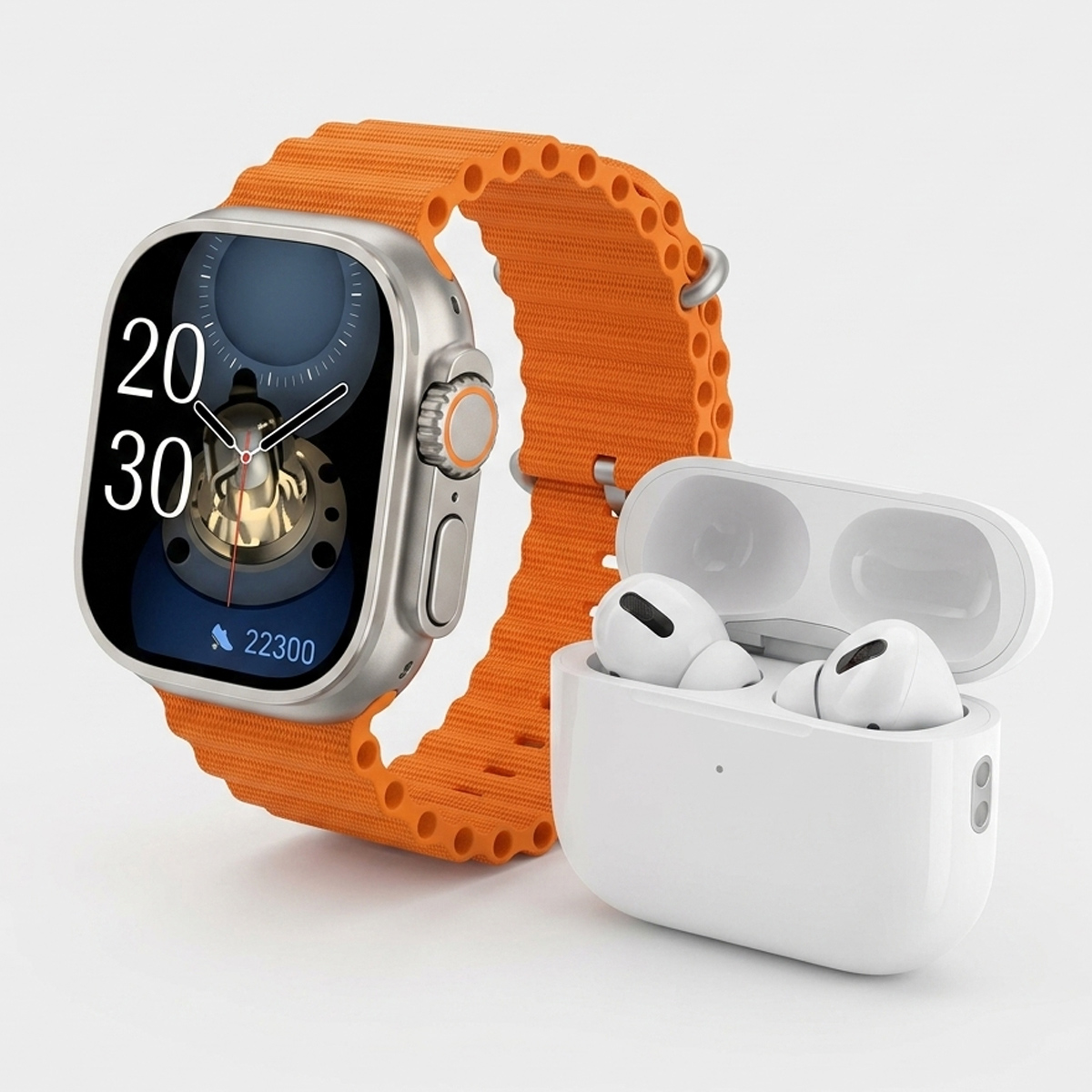 Smartwatch with Earbuds and Orange Strap
